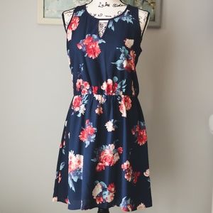 Market & Spruce Navy and Red Floral Print Dress medium